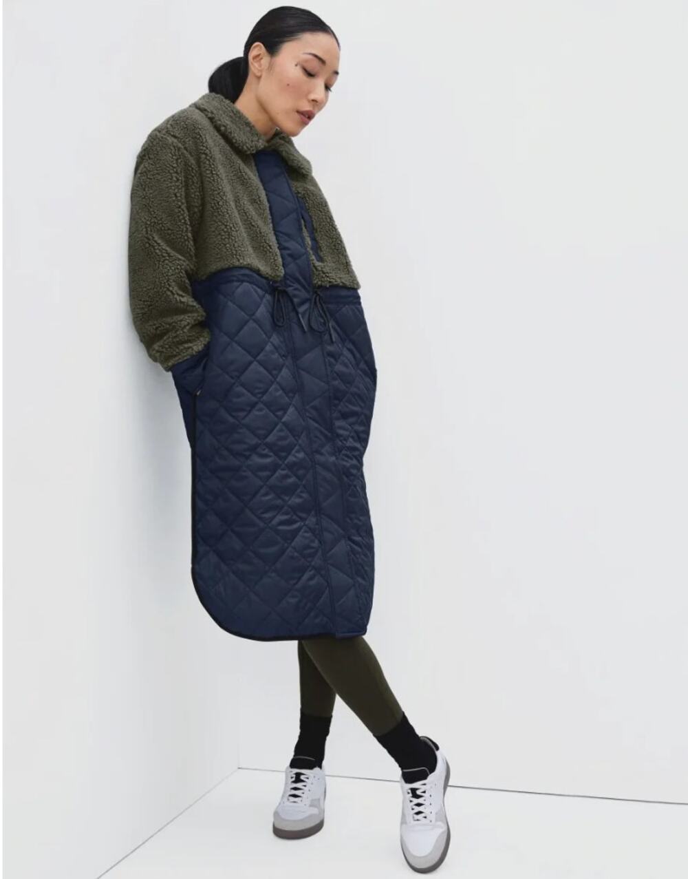 Everlane The Quilted Teddy Long Coat | Womens L, Olive Green & Navy Blue